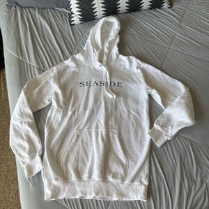 Seaside Comfort Colors White Hoodie with Navy Seaside Print